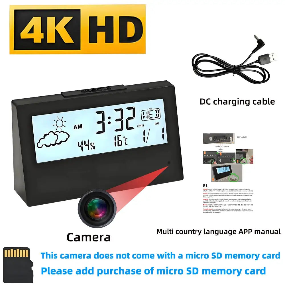 4K Mini WiFi Clock Wireless Camera, Supports Remote Viewing, Motion Detection, Loop Storage, Home Nanny Style 4KHD Camera