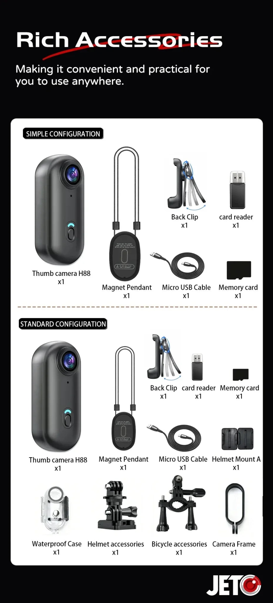 JETO JT - 88 4K Mini Action Camera - Hands Free POV Recording For Vlog POV Capture