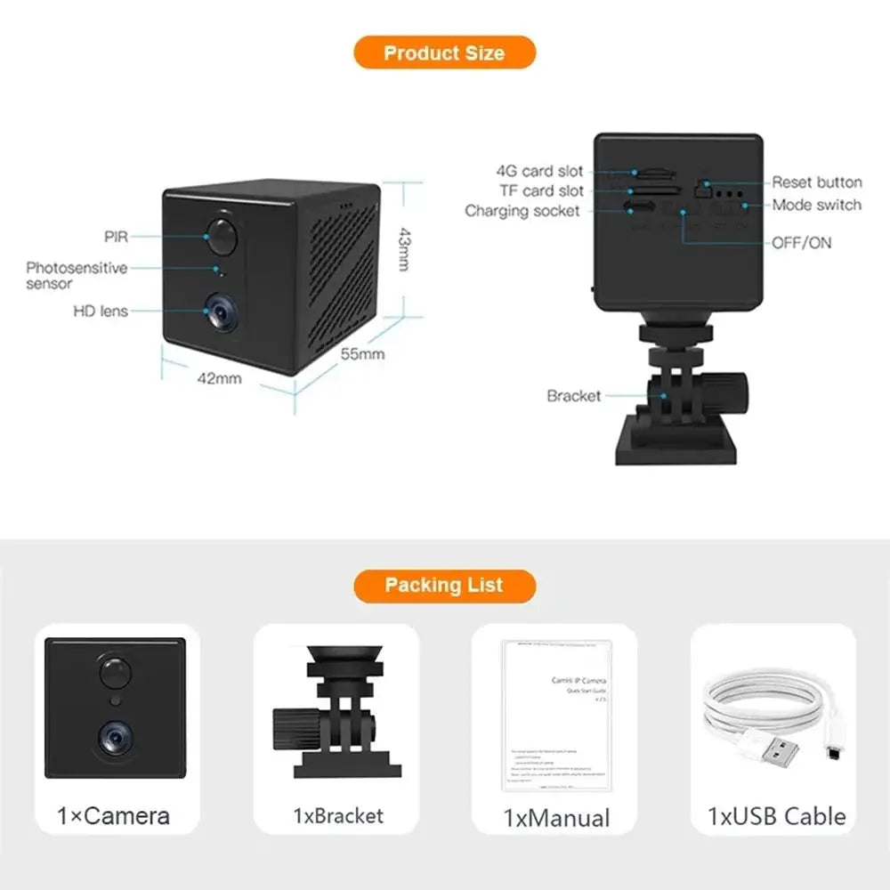 5MP Mini Camera 4G IP CCTV Two Way Audio 3000mAh Battery 64GB Night Vision - stepyours.com