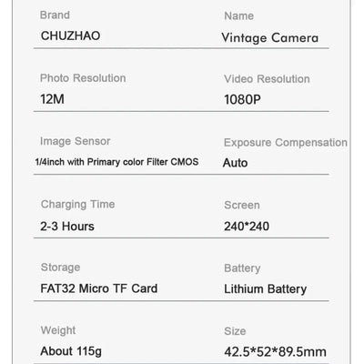 Chuzhao Mini Retro Digital Camera 12MP 1080p 1.54 Inch Screen Portable Gift - stepyours.com