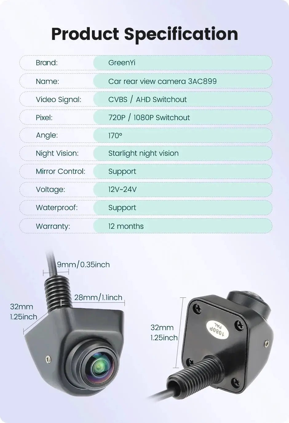 GreenYi 170 Degree AHD Car Rear View Camera Mini Fisheye 360 Degree Night Vision - stepyours.com