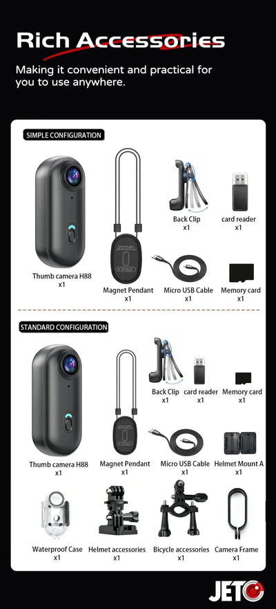 JETO JT - 88 4K Mini Action Camera - Hands Free POV Recording For Vlog POV Capture